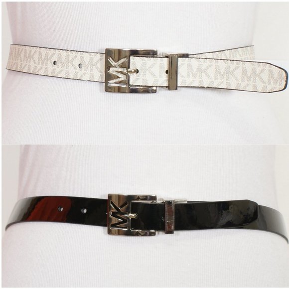 MICHAEL KORS Black White Pebbled Logo Patent Leather Reversible Belt XL main image 4